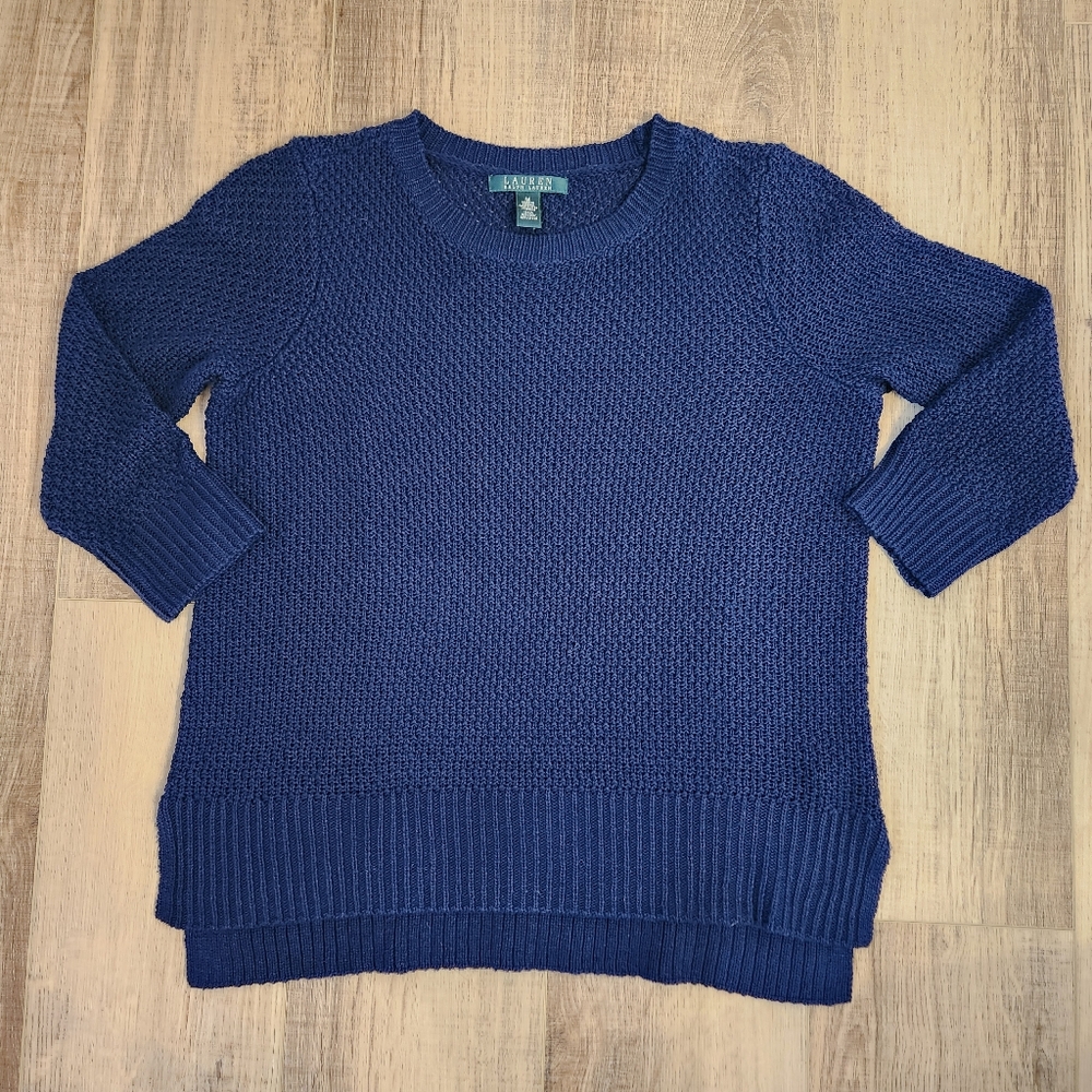 Lauren Ralph Lauren Navy Blue Basketweave Knit Sweater 3/4 Sleeve Crew Neck M
